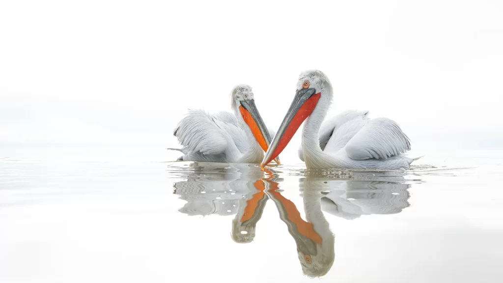 Pelicans in Kerkini, on white fog